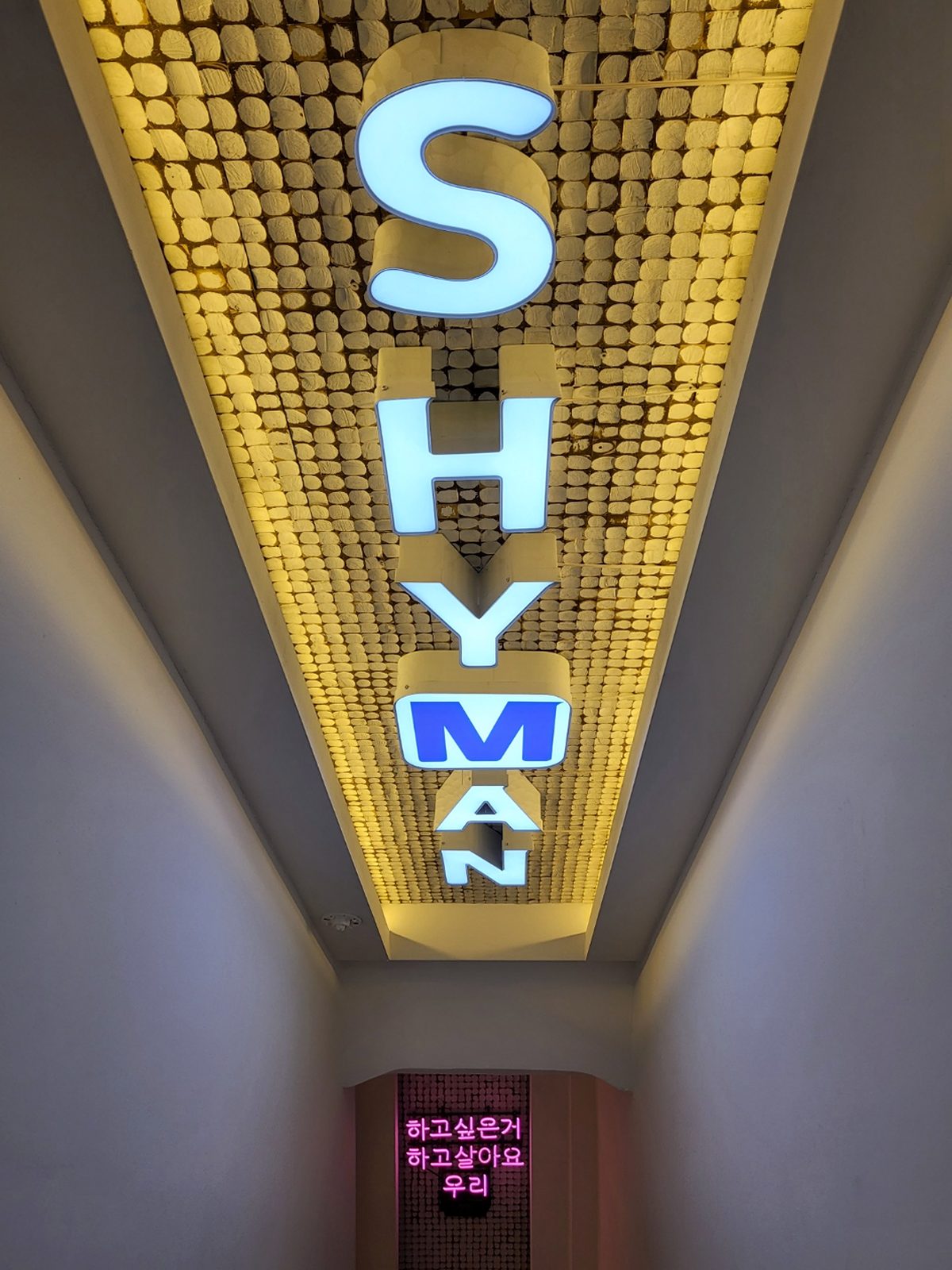 Wangsimni adult goods store SHYMAN Wangsimni Branch entrance corridor with the SHYMAN ceiling sign and neon sign
